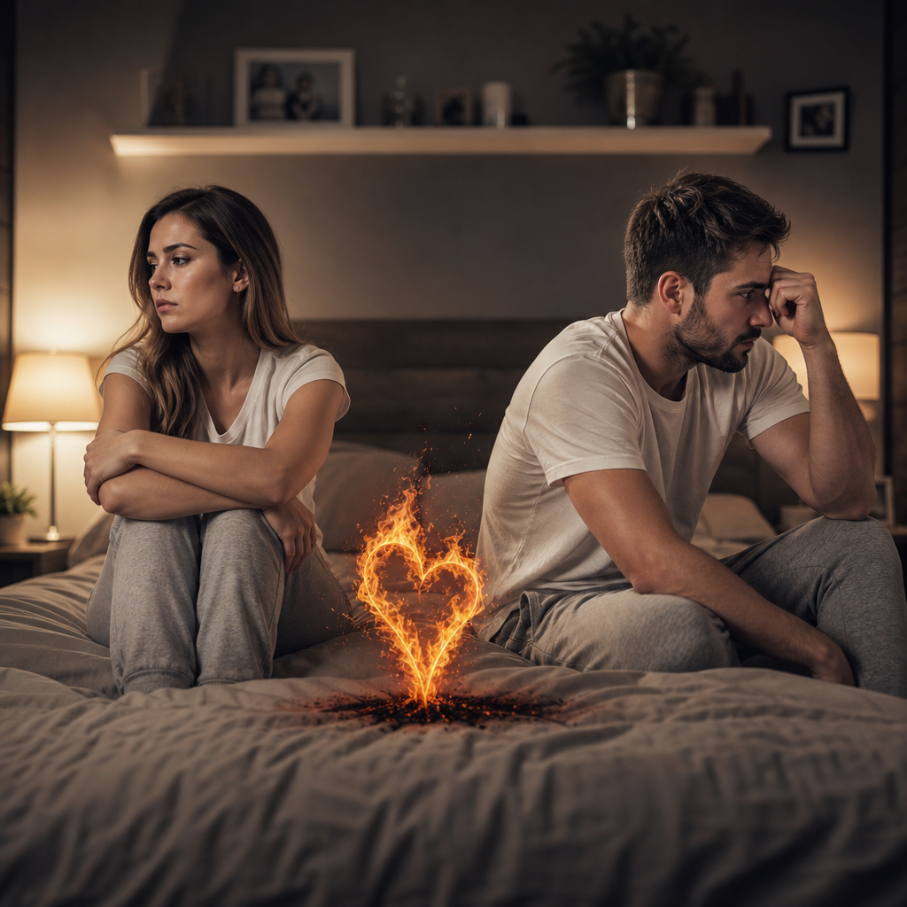 A couple sits apart on a bed, with a heart-shaped flame illustrating conflict in their relationship.