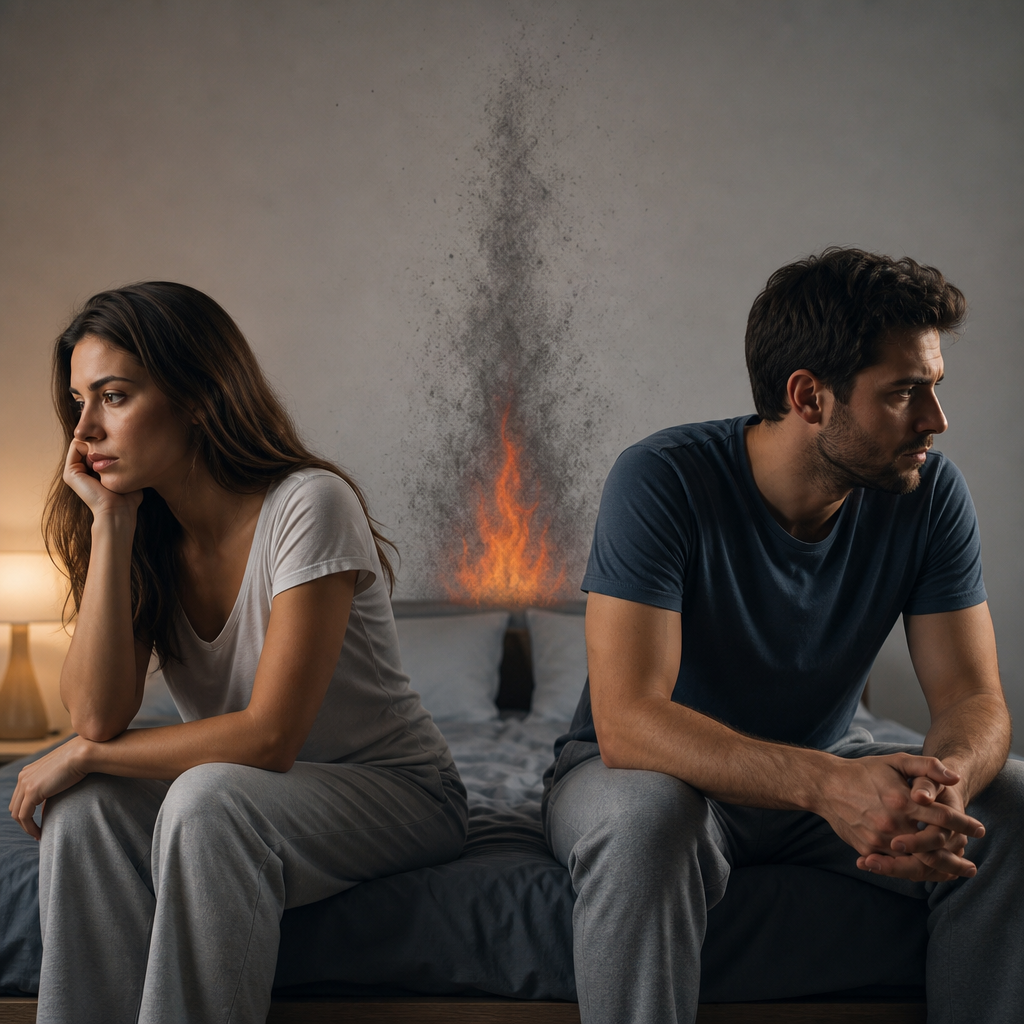 Couple sitting apart on a bed, with a smoky crack symbolizing conflict and fading passion in their relationship.